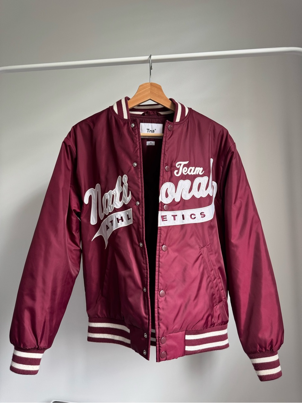 Aritzia TNA Burgundy Satin Varsity Bomber Jacket with White Lettering
